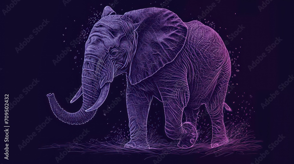  a drawing of an elephant standing in a field of grass with a sky background and stars in the night sky.