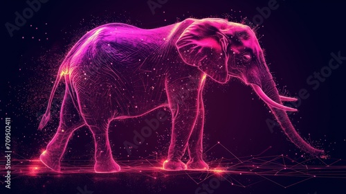  an elephant standing in the middle of a purple and pink background with lines and dots in the shape of an elephant.