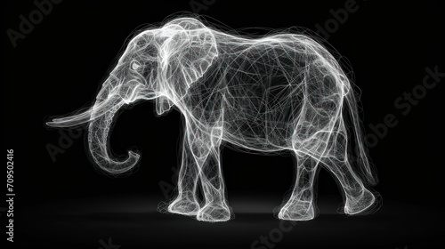  a white elephant standing on top of a black floor next to a white object in the shape of an elephant.