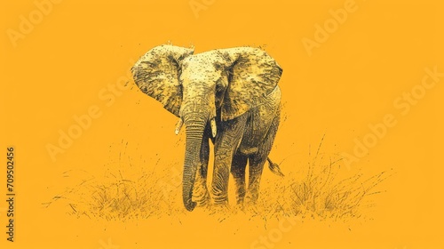  a drawing of an elephant standing in a field of grass with an orange sky in the background and a yellow sky in the foreground.