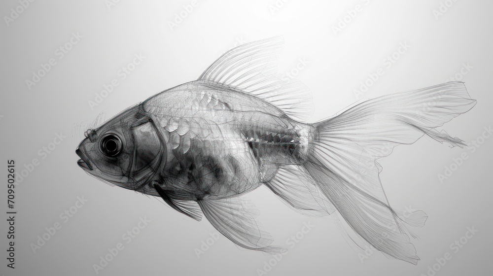  a black and white photo of a fish on a light gray background with a reflection of the fish in the water. - obrazy, fototapety, plakaty 