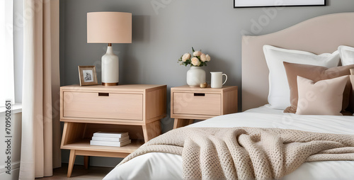 Wooden bedside drawer nightstand near bed. interior design of modern bedroom. photo