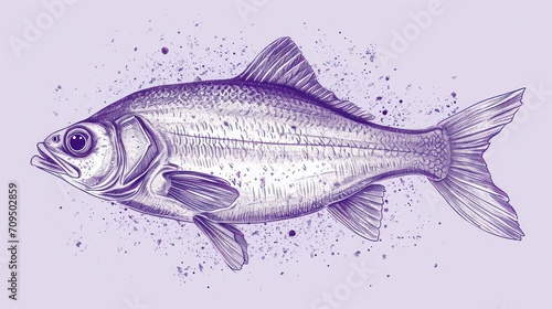 a drawing of a fish on a purple background with splots of water on the bottom of the image.
