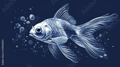  a black and white drawing of a goldfish with bubbles of water on it's side and a blue background. photo