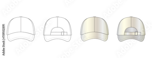 Vector fashion technical drawings of a baseball cap with front and back view with an example in color. Metallic silver color. Polyester fabric.