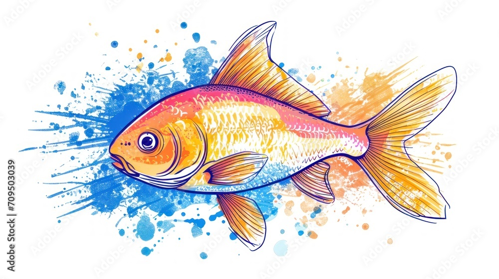 a drawing of a goldfish on a blue and yellow watercolor splattered background with splashes of paint. a drawing of a goldfish on a blue and yellow watercolor splattered background with splashes of paint.