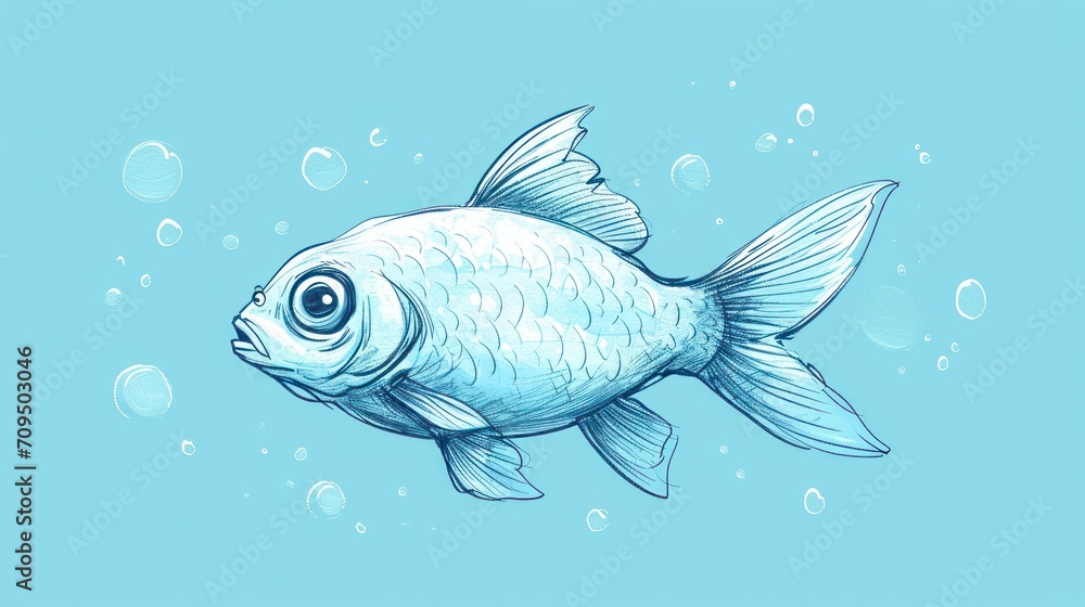 a drawing of a goldfish with bubbles of water on the bottom of it's head and a blue background. a drawing of a goldfish with bubbles of water on the bottom of it's head and a blue background.