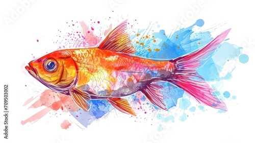  a watercolor painting of a goldfish with splashes of paint on the back of it's head.