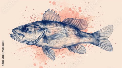  a drawing of a large mouthed fish on a watercolor background with a splash of paint in the background.