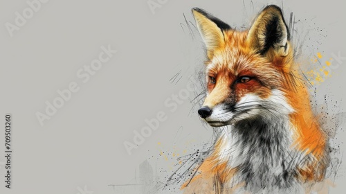  a close up of a fox s face on a gray background with yellow splats on the left side of the image.