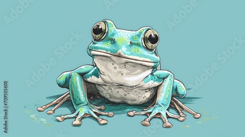  a green and white frog sitting on top of a puddle of water with its eyes wide open on a blue background.
