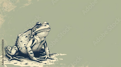  a drawing of a frog sitting on the ground with its head turned to the side, with a light green background. photo