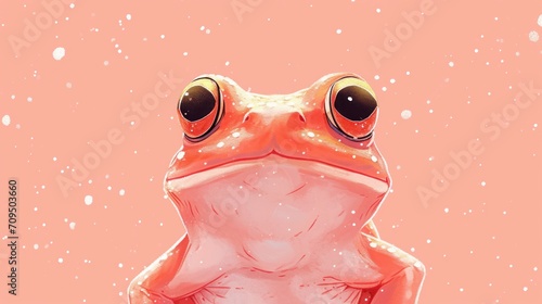  a close up of a frog's face on a pink background with snow flakes and snow flakes.