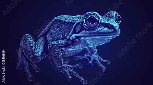  a close up of a blue frog on a black background with a blue light in the middle of the image.