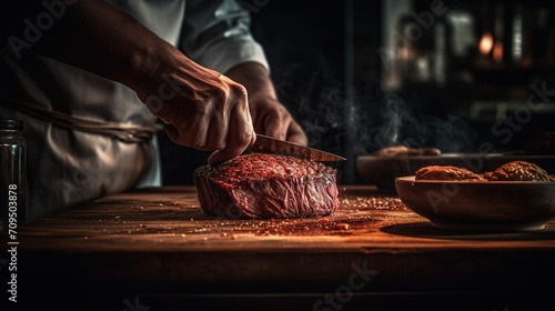 Close-up of chef cutting steak  man cutting grilled meat  person cooking steak  steakhouse advertisement  barbecue restaurant advertisement