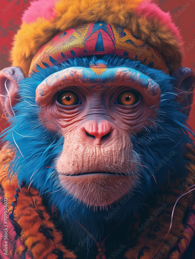 Chimpanzees with big eyes. Stylish monkey. Beautiful animal. Portrait image, artistic style, color accents, the concept of personification. Accessories. Natural beauty. 3D art