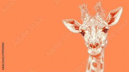  a close up of a giraffe's face on an orange background with the head of a giraffe.