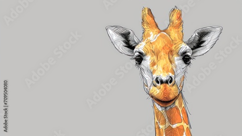  a close up of a giraffe's face on a gray background with a black and white drawing of a giraffe's head.