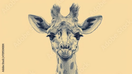  a close up of a giraffe's face on a yellow background with a black and white drawing of a giraffe's head.