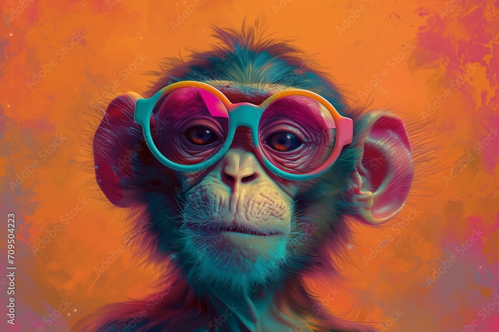 Chimpanzees with big eyes in glasses. Stylish monkey. Beautiful animal. Portrait image, artistic style, color accents, the concept of personification. Accessories. Natural beauty. 3D art