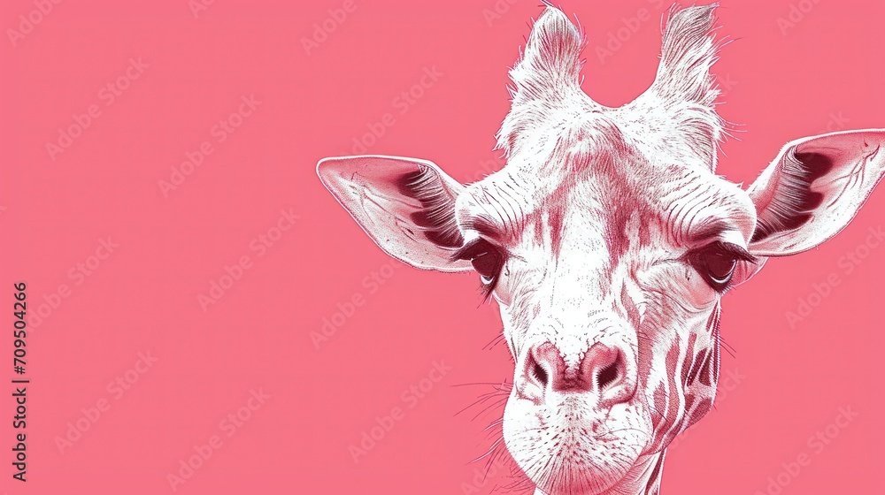  a close up of a giraffe's face on a pink background with a black and white drawing of a giraffe's head.