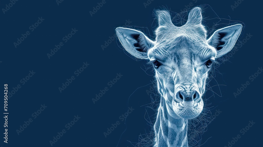  a close up of a giraffe's face on a blue background with lines in the foreground.