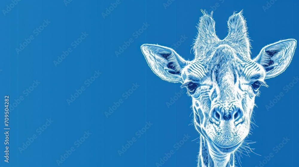 Obraz premium a close up of a giraffe's face on a blue background with a sky in the background.