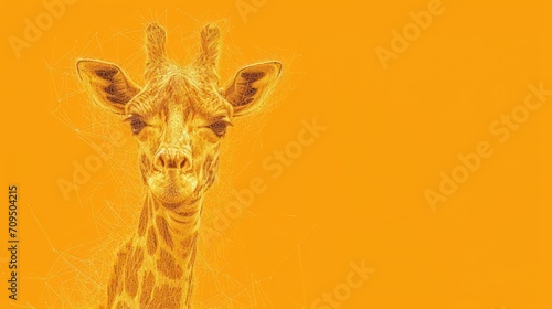  a close up of a giraffe s face on a yellow background with lines in the foreground.