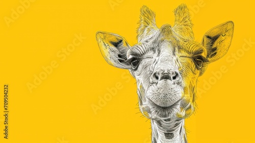  a close up of a giraffe's face on a yellow background with a black and white drawing of a giraffe's head.