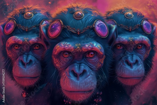 Chimpanzees with big eyes. Three. Stylish monkey. Beautiful animal. Portrait image, artistic style, color accents, the concept of personification. Accessories. Natural beauty. 3D art