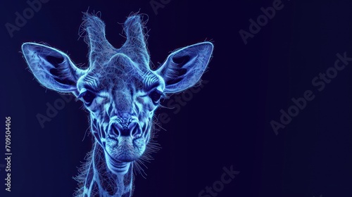  a close up of a giraffe's face on a black background with a blue hued background.