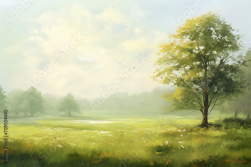 Spring Awakening  Illustration Landscape with Bright Fresh Look  Trees  and Blue Sky