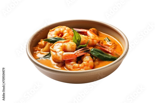 Tom Yum Kung or spicy prawn soup for famous Thai food in white bowl top view on transparent background.