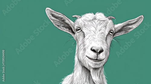  a close up of a goat's face on a green background with a black and white drawing of a goat's head.
