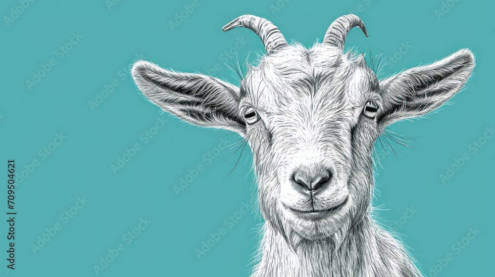 a close up of a goat's face on a blue background with a black and white drawing of a goat's head. a close up of a goat's face on a blue background with a black and white drawing of a goat's head.