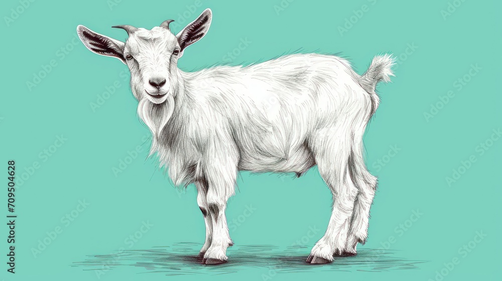  a white goat standing on top of a green floor next to a blue wall and a green wall behind it.