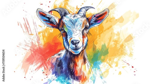  a painting of a goat's head with colorful paint splattered on it's face and horns.
