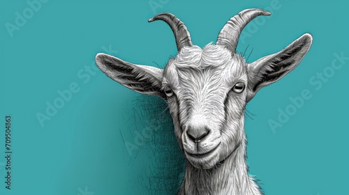  a drawing of a goat's head on a teal background with a black and white drawing of a goat's head.