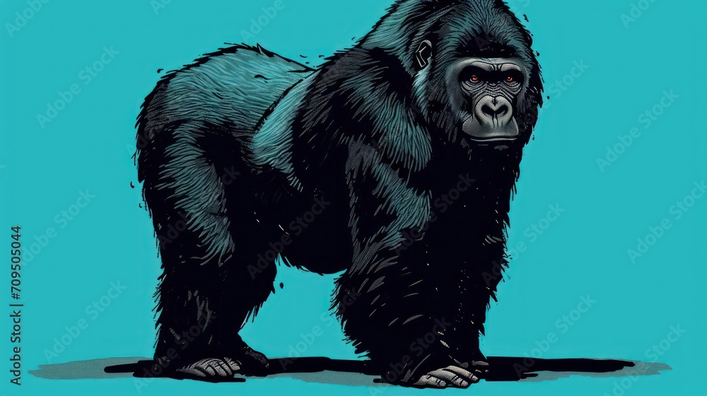 a drawing of a gorilla standing in the middle of a blue background with the words gorilla on it's chest. a drawing of a gorilla standing in the middle of a blue background with the words gorilla on it's chest.