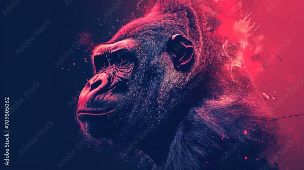 a close up of a gorilla's face with red and blue paint splattered on it's face. a close up of a gorilla's face with red and blue paint splattered on it's face.