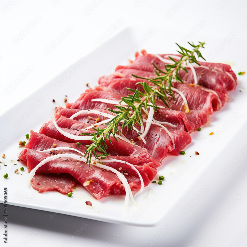 Beef Carpaccio, an Italian appetizer with thinly sliced raw beef Beef Carpaccio, an Italian appetizer with thinly sliced raw beef
