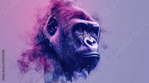  a digital painting of a gorilla's face with a pink and blue color scheme on the back of the gorilla's head. © Shanti