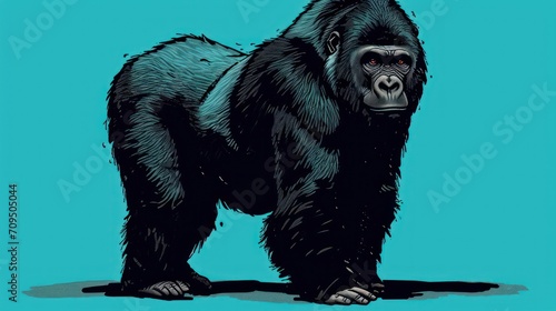  a drawing of a gorilla standing in the middle of a blue background with the words gorilla on it's chest.