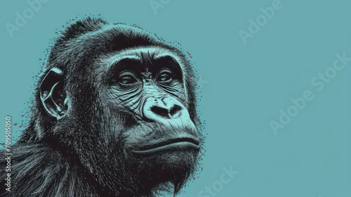  a close up of a monkey's face on a blue and orange background with a black and white image of a monkey.
