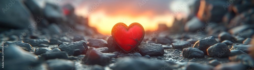 Fototapeta premium Red Heart Resting on a Pile of Rocks a Symbol of Love on Valentines Generative AI