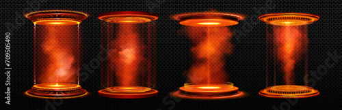 Magic neon game portal with red platform, ray glowing and smoke. Realistic vector illustration set of futuristic teleport podium with beams and fog. Fantastic technology for time and space travel.