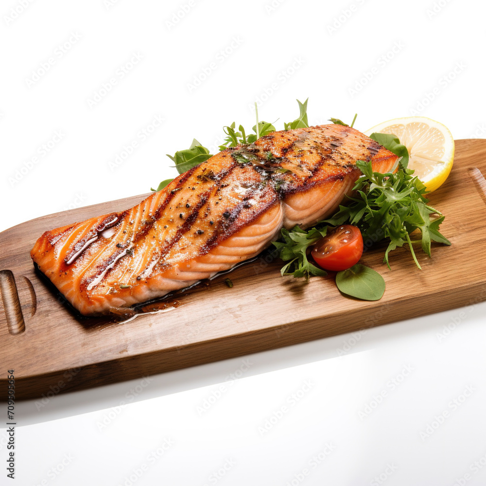 Sizzling Grilled Salmon Fillet presented on a clean white background Sizzling Grilled Salmon Fillet presented on a clean white background