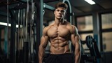 Bodybuilder with perfect abs working out in the gym - strength and fitness concept