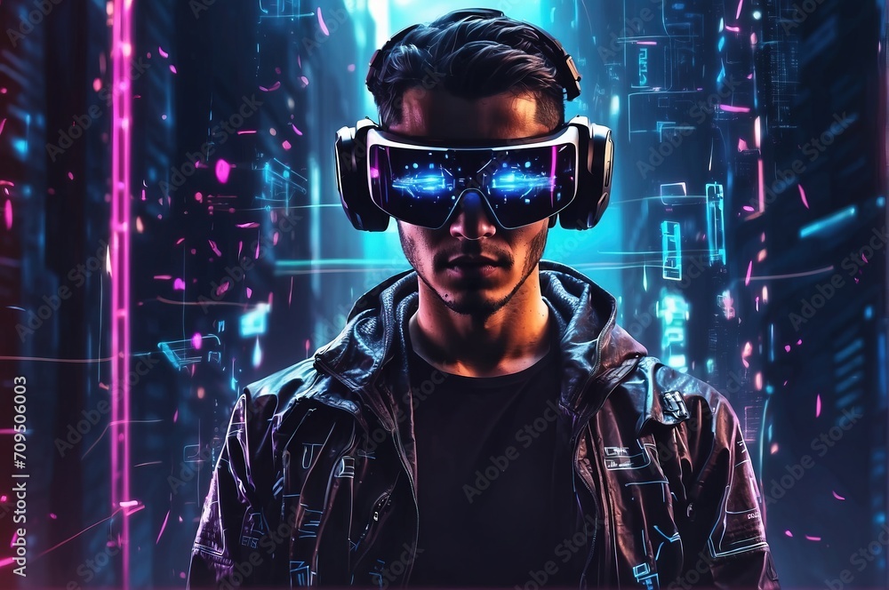 Illustration of a cyberpunk hacker in a virtual reality setting, surrounded by holographic mytric code Illustration of a cyberpunk hacker in a virtual reality setting, surrounded by holographic mytric code