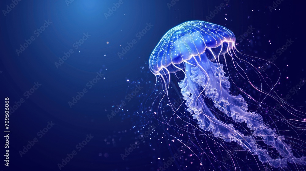 a close up of a jellyfish on a dark blue background with a light shining on it's head. a close up of a jellyfish on a dark blue background with a light shining on it's head.